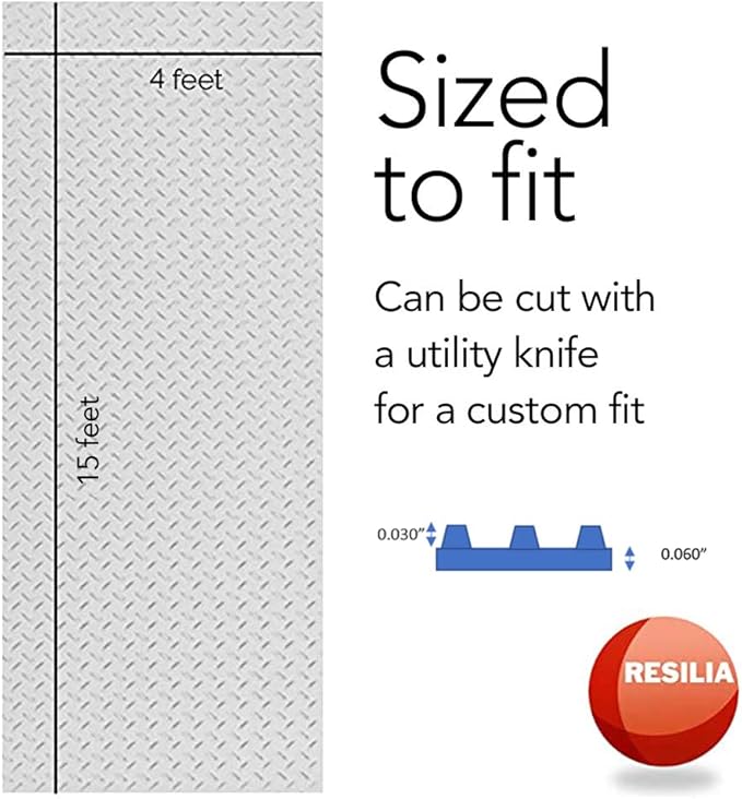 RESILIA Heavy Duty Garage Floor Runner & Protector Mat - Slip Resistant Diamond Plate PVC Mats - Water, Spill, & Stain Resistant, Silver (4 feet x 15 feet), Made in The USA