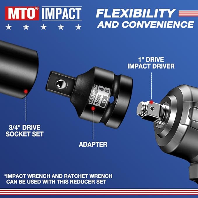 MTO 1" Female to 3/4" Male Impact Socket Adapter, Reducer for Impact Driver Conversions, Chrome Molybdenum Alloy Steel