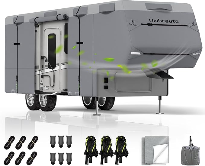 Umbrauto 5th Wheel RV Cover Upgraded 7 Layers Top Anti-UV Waterproof Breathable Camper Covers Fits 31' - 34' Travel Trailer Motorhome with 2Pcs Extra Straps & Gutter Covers