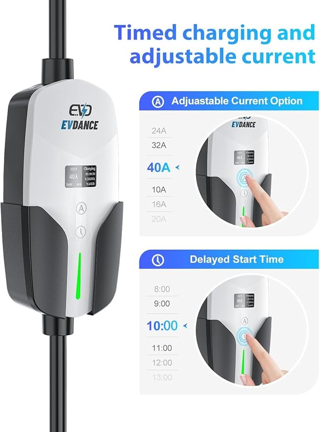 Level 2 EV Charger, 40A, 240V 9.6kW Portable Electric Vehicle Charging Station, NEMA 14-50 Plug, 25ft Cable, Adjustable Current & Timing Delay, J1772 Connector for BEVs/PHEVs