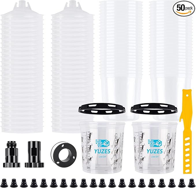 YUZES Paint Mixing Cups System 20 Ounce (600ml), 50 Disposable Paint Cups Liners and Lids, 2 Hard Cup with Retainer Ring, 20 Plugs, PTFE Tape, Paint Stirrer, 2 Cup Adapter for Automotive Paint Gun
