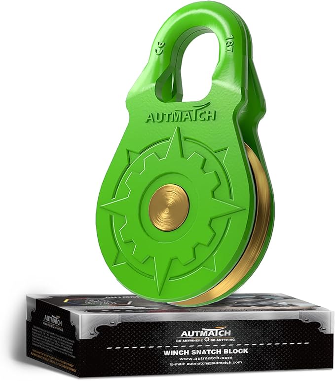 AUTMATCH Winch Snatch Block 18 Ton - Winch Pulley (79,366 Lbs) Break Strength, Heavy Duty Off Road Recovery Towing Pulley Blocks for Synthetic Rope or Steel Cable, Truck, UTV, ATV, Green