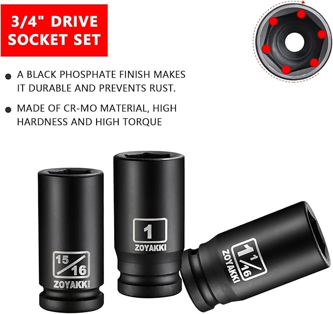 10 PCS 3/4" Drive Impact Lug Nut Socket,Standard SAE Size(15/16" to 1-1/2"),Deep Socket Set CR-MO Material Adapter Setwith Durable Case for lmpact Driver Conversions(Upgraded)