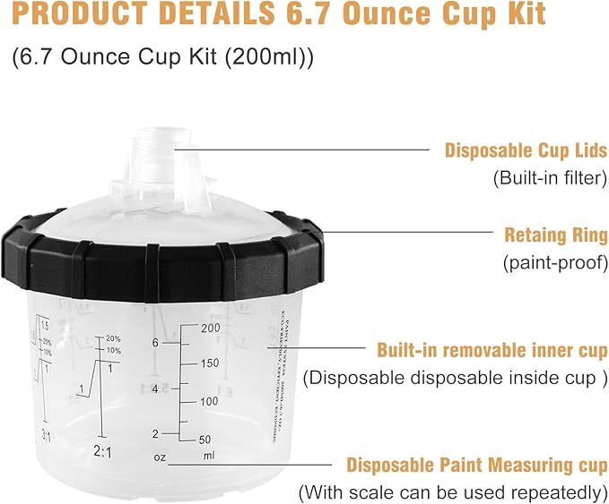 RRJ Disposable Paint Cup Automotive Spray Gun Paint System, for LVLP/HVLP Spray Gun Kit 6.7 Ounce(200ML) Mixing Cups with 50 Liners and Lids, 1 Hard Cup with Retainer Ring, 2 Adapter, Stirrer
