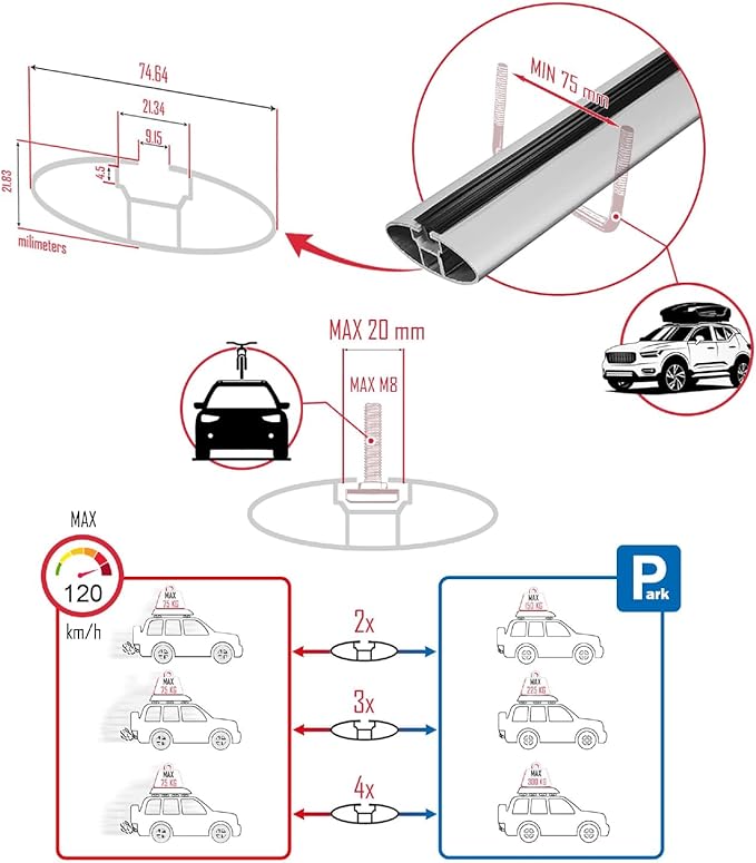 Compatible with Volkswagen Tiguan 2025 Hook Model Car Roof Rack Cross Bar Grey Aluminium 2 Bars