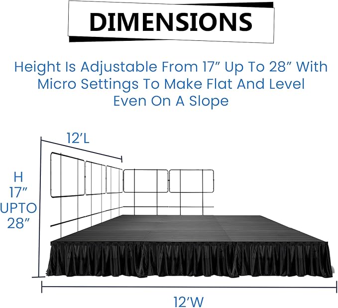 12'x12' Portable Stage with 5 Railings & 3 Skirts - Versatile Platform Modular System - DJ, Drum, Camera Stage Riser - Easy to Carry & Transport