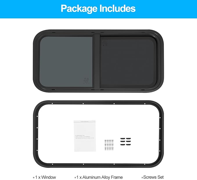30" W x 15" H RV Window Horizontal Sliding, DOT Certified - Shatterproof Tempered Tinted Glass, with Net Screen and Trim Ring, Teardrop Replacement Trailer Camper Window