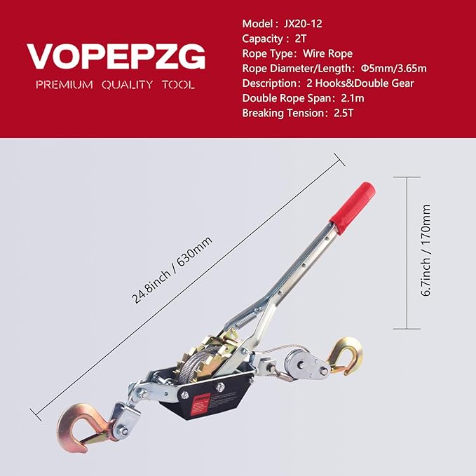 Come Along Winch,2 Ton Capacity with 12FT Steel Cable,Heavy Duty Come Along Tool with Dual Gears,2 Hooks,Hand Winch Tool for Road Vehicle Recovery and Pulling Tree,Fence Stretcher,Frame