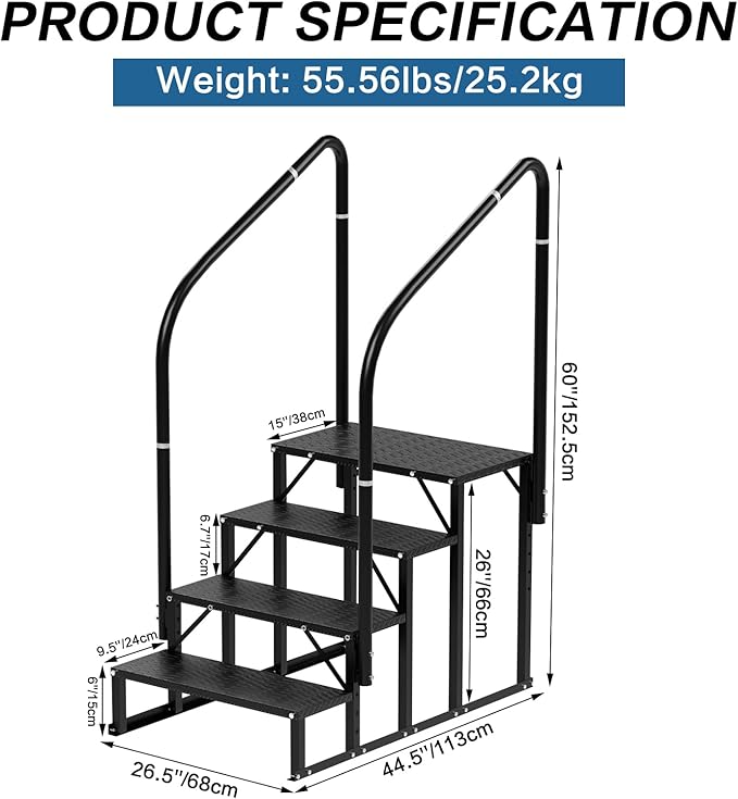 RV Steps With Handrail - 4-Step Stairs for Camper, Trailer, Mobile Home, Hot Tub, Outdoor Spa - Non-Slip Outdoor Stairs