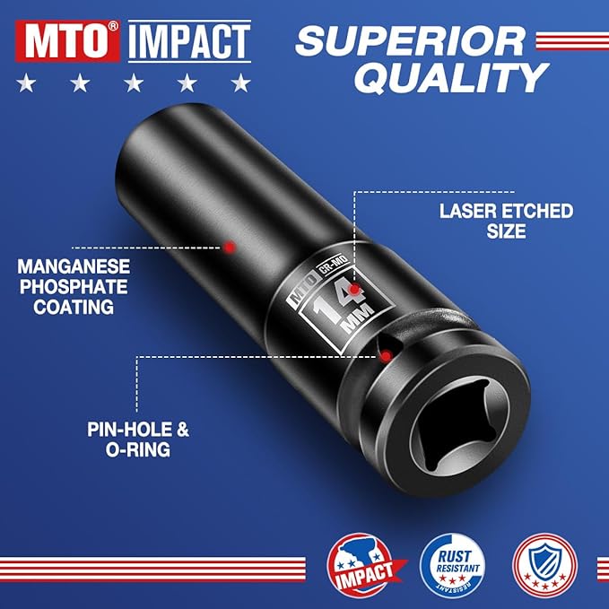 MTO 1/2" Drive 14mm Deep Impact Socket, 6 Pt. Metric Socket, CR-MO Steel & Anti-Corrosion Coating for Heavy-Duty Use