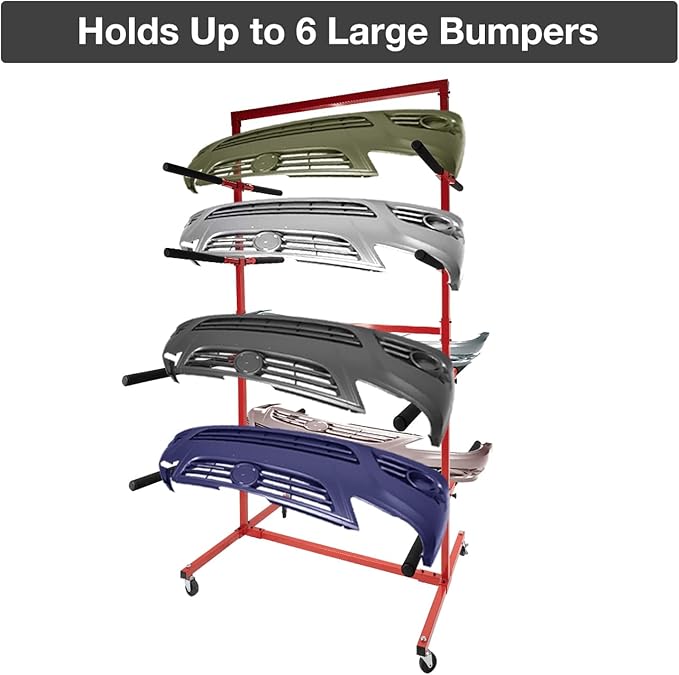 biosp Double Sided Mobile Bumper Storage Rack Floor-Standing with Lockable Wheels, Store and Organize 6 Painted Bumpers, Length Adjustable, Automobile Parts Accessories, 41.02''D x 49.29''W x 80''H