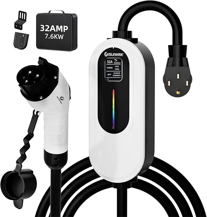 Level 2 EV Charger 32A 240V, 7.6kW Portable Electric Vehicle Charger with Adjustable Current & Delay Timer, 25FT Charging Cable, NEMA 14-50 Plug, SAE J1772 Connector for Home & Travel Use, ETL Listed