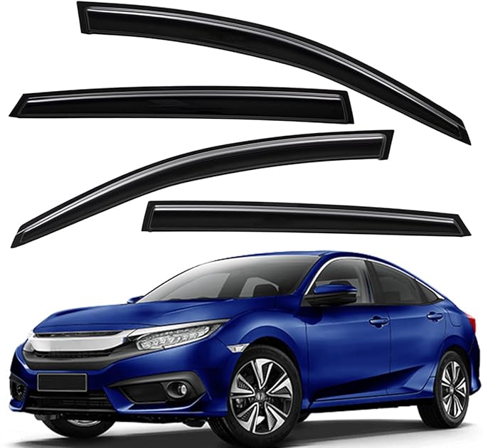 Lightronic Extra Durable Outside-Mount Auto Vent Window Visor, Fits 2016-2021 Honda Civic (Sedan), UV Protection Rain Guard, Original Wind Deflector, No-Drill Easy Install, Dark Smoke, 4-Pcs