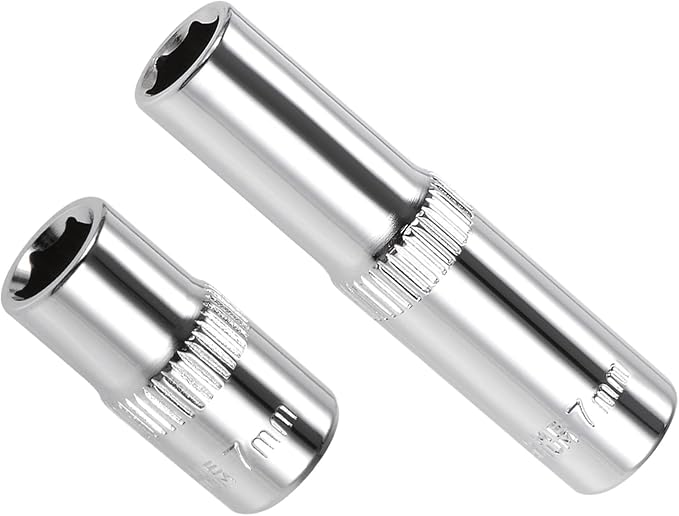 6-Point Socket, 1/4" Drive 7mm Deep, Polished Chromed CR-V Metric Deep and Shallow Impact Socket - (Applications: for Ratchet Torque Electric Wrenches Car Repair), 2-Pieces