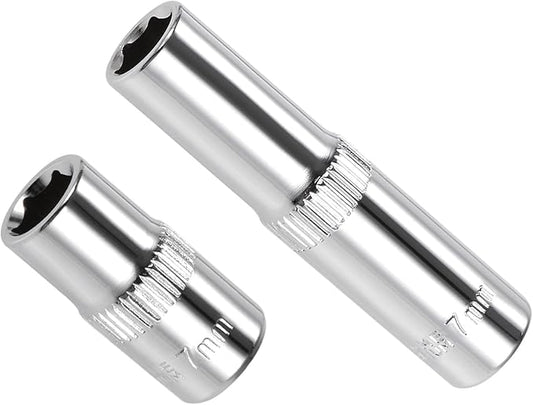 6-Point Socket, 1/4" Drive 7mm Deep, Polished Chromed CR-V Metric Deep and Shallow Impact Socket - (Applications: for Ratchet Torque Electric Wrenches Car Repair), 2-Pieces