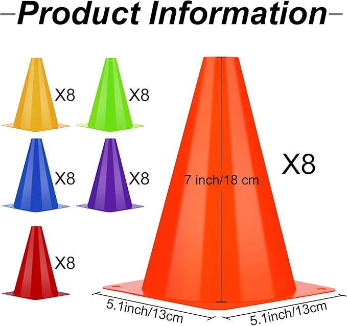 Leelosp 48 Pack 7" or 9" Plastic Traffic Cones Agility Field Marker Soccer/Safety/Sports/Training Cones for Skating Basketball Football Practice Drills Themed Party Decorations