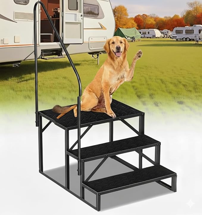 RV Steps with Handrail, 3 Step RV Stairs 660lbs Load Capacity, Heavy Duty Camper Steps with Wide & Anti-Slip Platform, Portable Outdoor Metal Entry Stairs for Hot Tub, Mobile Home, Travel Trailers