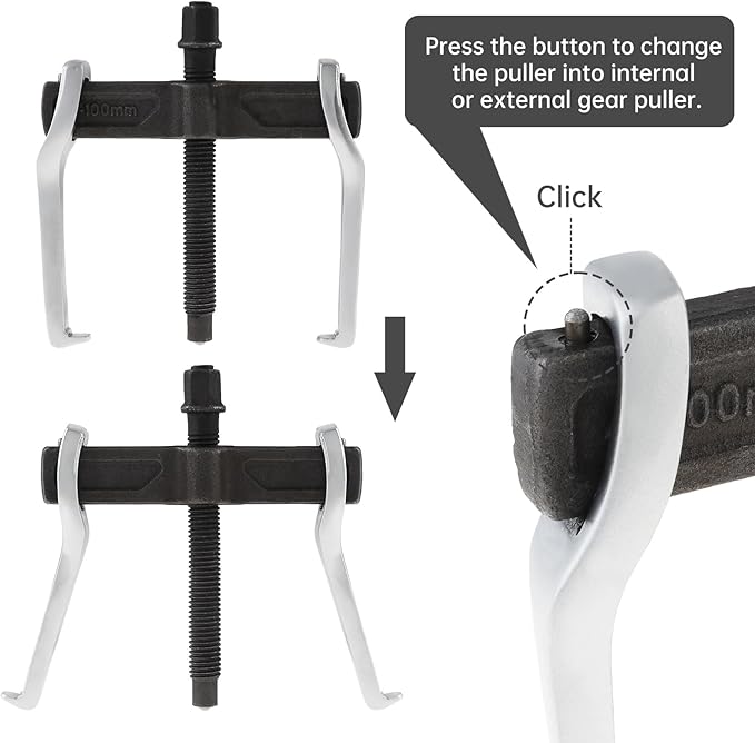 ChgImposs 4 Inch CR-V 2-Jaw Gear Puller, Adjustable Bearing Puller Gears, Reversible Removal Tool for External Internal Pulling, Single Hook Two Claws Puller Tool Separate Lifting Device