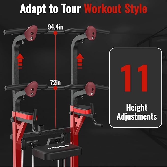 Power Tower Dip Station Pull Up Bar for Fitness Home Gym Workout,Multi-Function Adjustable Height Fitness Strength Training Exercise Equipment,with Power Elastic Ropes (Red Black)