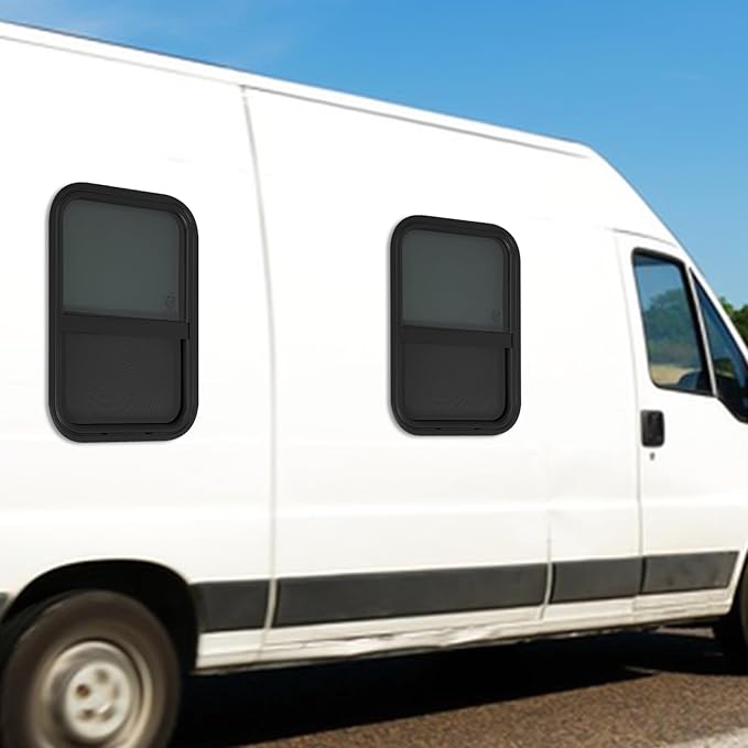 2 Pack 15" W x 22" H RV Window Vertical Sliding, DOT Certified - Shatterproof Tempered Tinted Glass, with Net Screen and Trim Ring, Teardrop Replacement Trailer Camper Window