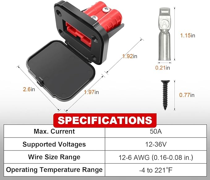 GZSH Anderson Plug 2PCS 50A Quick Connect Wire Connectors with Mount and Cap 12-6 AWG Battery Quick Disconnect 12V-36V Battery Quick Connect Waterproof SB50 for Car RV Trunk Boat Winch