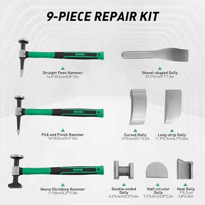 CNCEST 9 Pcs Auto Body Hammer and Dolly Kit, Fender Repair Tool Dent Remover Tool Dent Remover Tool w/Hammer and Dolly, Car Sheet Metal Shaping Movable Auto Body Repair Tool Hammer Dolly Set