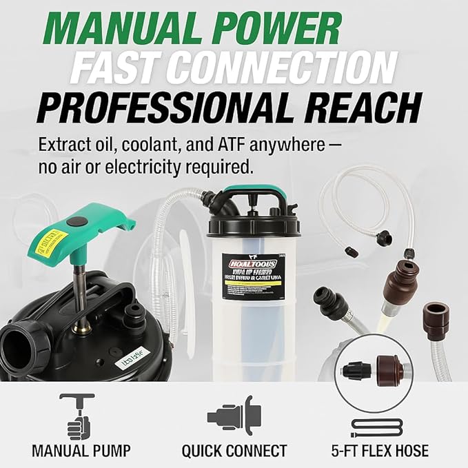 OEMTOOLS 24389 Manual Fluid Extractor Pump, 1.4 Gallon (5.3L) Oil Extractor Pump Capacity, Use for Oil, Coolant, and Transmission Fluid, 2 Dipstick Adapters, 5ft Hose