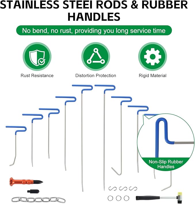 Rods Dent Removal Kit, 20 pcs Car Dent Repair Rods, Paintless Dent Removal Kit, Car Body Dent Repair Tool for Door Dings, Minor Dents and Hail Damage (20 pcs with 10 rods)