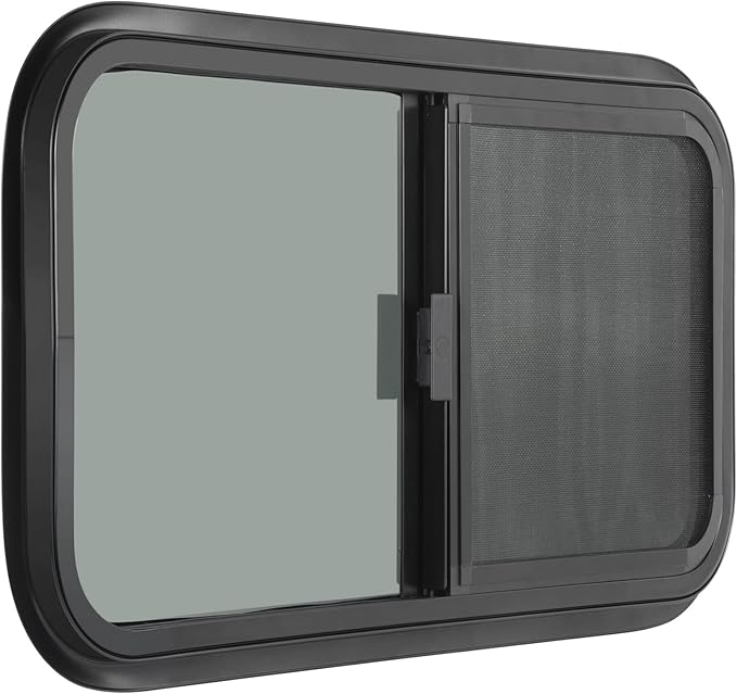 Horizontal RV Window, 24" W x 20" H Tinted Sliding RV Window with Net Screen and Trim Ring, Suitable for 15/16" or 1-3/8" and Slightly Thicker Up to 1/16" Walls, DOT Approved
