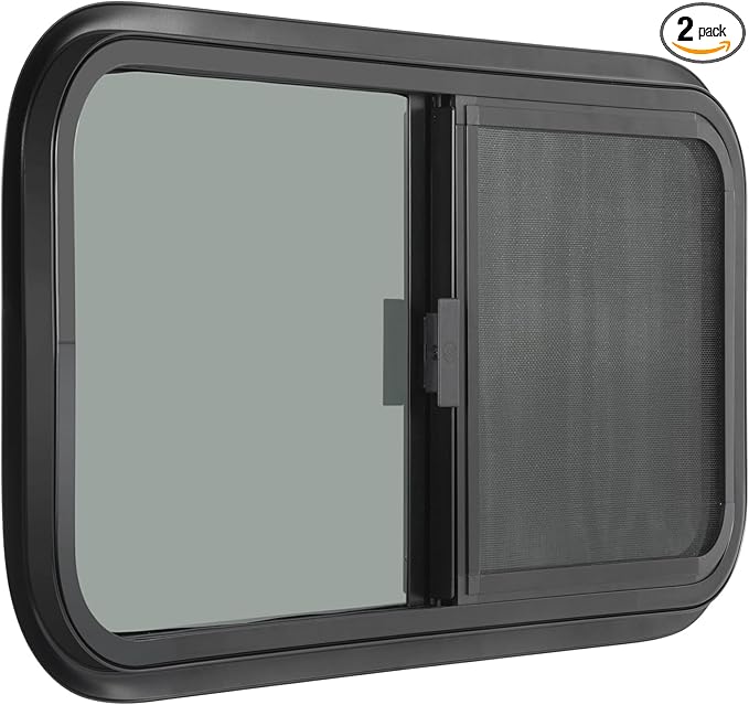 2 Pack Horizontal RV Windows, 24" W x 20" H Tinted Sliding RV Window with Net Screen and Trim Ring, Suitable for 15/16" or 1-3/8" and Slightly Thicker Up to 1/16" Walls, DOT Approved