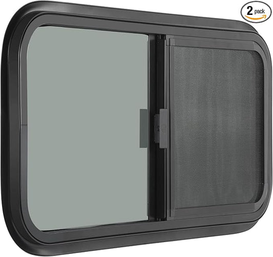 2 Pack Horizontal RV Windows, 24" W x 20" H Tinted Sliding RV Window with Net Screen and Trim Ring, Suitable for 15/16" or 1-3/8" and Slightly Thicker Up to 1/16" Walls, DOT Approved