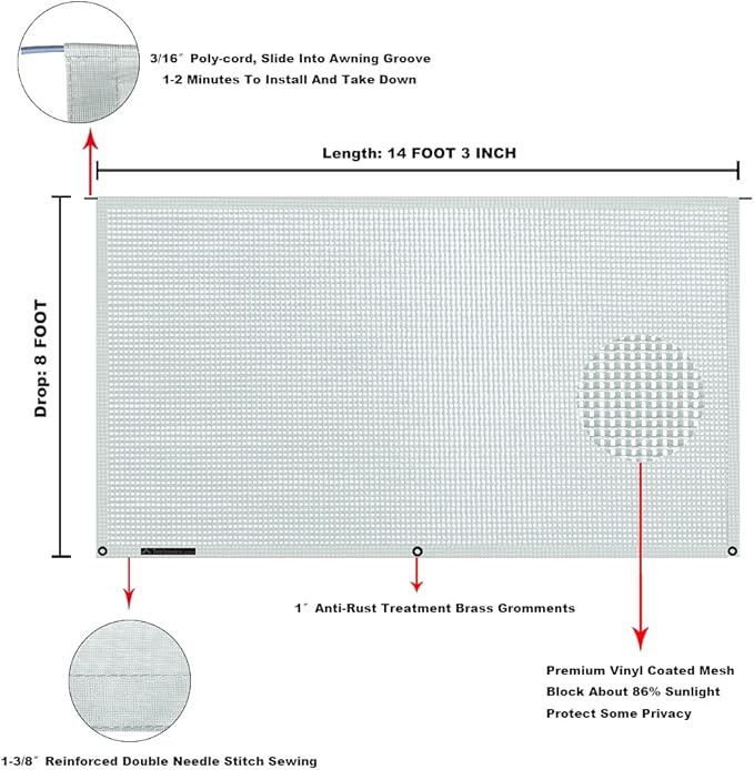 Tentproinc RV Awning Sun Shade Screen 8' X 14' 3'' (Fit for 15' Awning) Mesh Screen Sunshade for Camper Trailer Motorhome Awning Shadescreen UV Blocker Sunscreen - 3 Year Warranty (Gray)