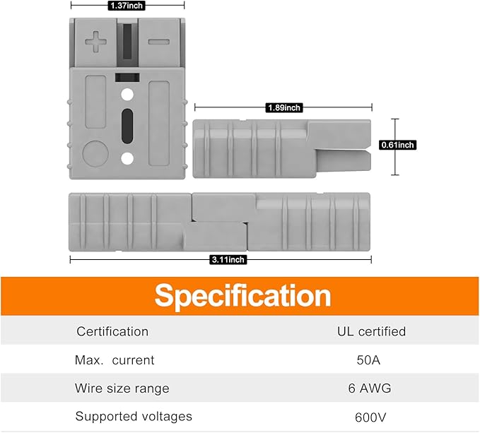 Connector, Quick Connect/Disconnect Battery Plug Connector Interchange Genderless Design Suitable for Car Trailer Winch Hoist Motor Electrical Equipment (Grey 50A 4 Pack 6 AWG)