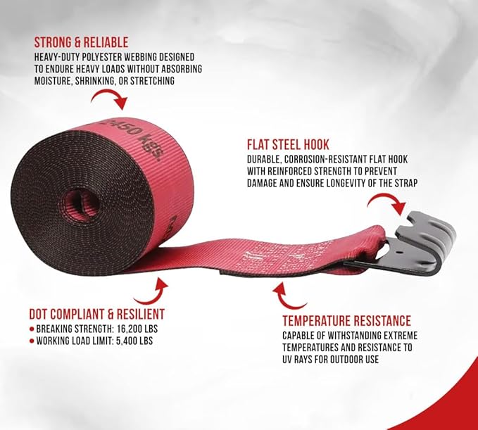 Mytee Products Kinedyne Winch Straps 4" x 30" Red Heavy Duty Tie Down with Flat Hooks WLL# 5400 lbs | 4 Inch Cargo Control for Flatbed Truck Utility Trailer (10 Pack)