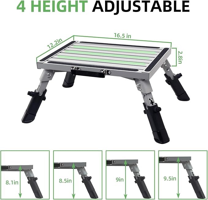 Homeon Wheels RV Step Stool, Adjustable Aluminum Platform with Non-Slip Surface, Folding Step with Rubber Feet, Reflective Strip, Handle & T Level, for Camper Use, 1000lbs, 16.5x12.2, Gray Luminous