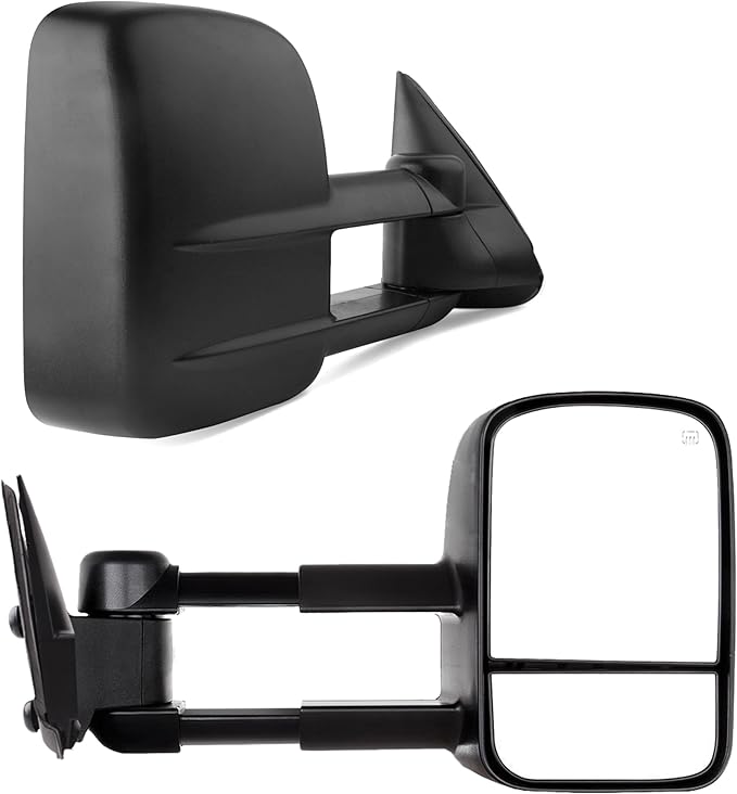 DWVO Power Heated Telescoping Towing Mirrors for 1999–2002 Chevy Silverado, GMC Sierra 1500/2500/3500, Suburban, and Yukon XL, Dual Glass, Extendable, Folding Mirror Pair Set, Black