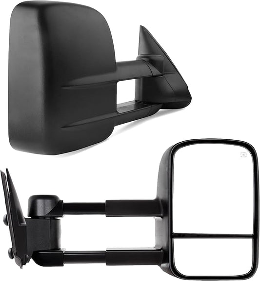 DWVO Power Heated Telescoping Towing Mirrors for 1999–2002 Chevy Silverado, GMC Sierra 1500/2500/3500, Suburban, and Yukon XL, Dual Glass, Extendable, Folding Mirror Pair Set, Black