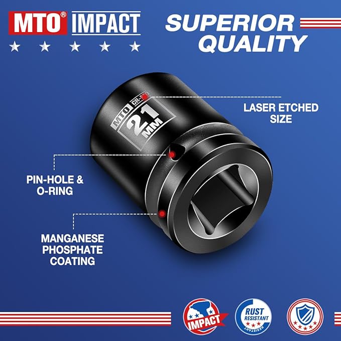 MTO 1/2" Drive 21mm Shallow Impact Socket, 6-Point Metric Socket, CR-MO Steel & Anti-Corrosion Coating for Tight Spaces and Heavy-Duty Tasks