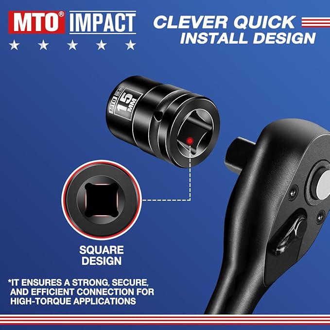 MTO 1/2" Drive 15mm Shallow Impact Socket, 6-Point Metric Socket, CR-MO Steel & Anti-Corrosion Coating for Tight Spaces and Heavy-Duty Tasks