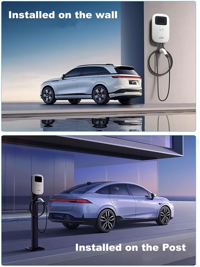 Smart EV Level 2 Charger, Electric Vehicle Charging Station, 110V-240V 32A Home Charger with LCD Display, Type 1 SAE J1772 Wall Connector, Hardwired Charger for Electric Car