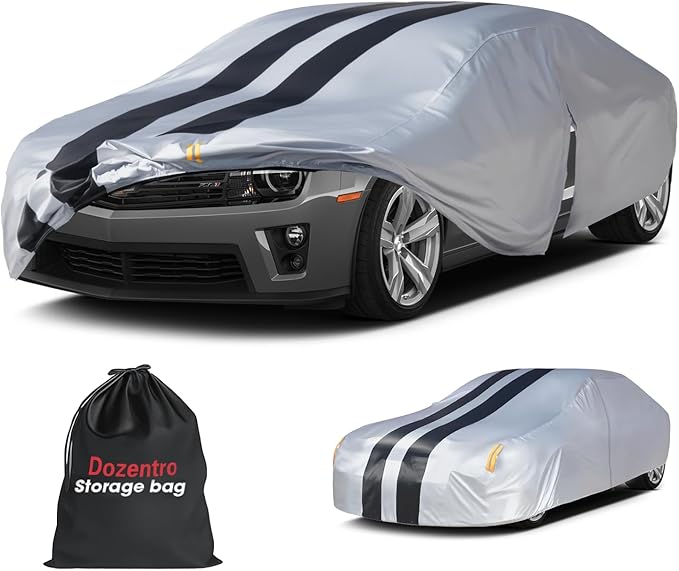 10 Layers Sedan Car Cover Custom Fit for Chevy Camaro(2009-2025), 100% Waterproof All Weather for Automobiles, Gift with Towel, Heavy Duty Car Covers for Rain Sun UV Protection with Door Zipper.