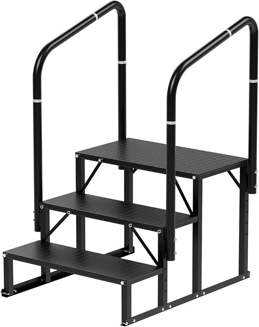 RV Steps, 3-Steps RV Stairs with Handrail Hot Tub Steps Camper Steps, Non-Slip Steps Outdoor Stairs for RV, Trailer, Mobile Home Stairs, Outdoor Spa