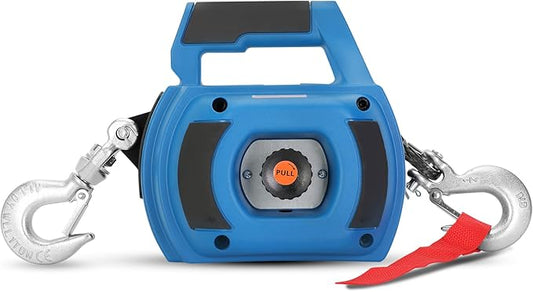 Portable Drill Winch of 1000 LB, Red Handheld Drill Winch with 40 Foot Synthetic Rope, Rotate The Hook 360 Degrees, for Lifting & Dragging (Blue)