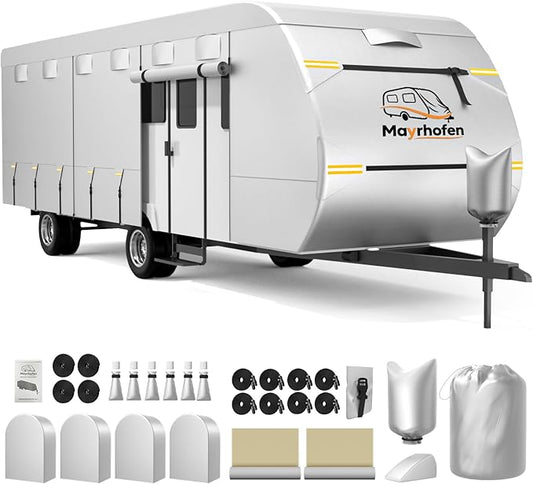 600D Oxford Fabric RV Cover 35-38ft Travel Trailer Cover, 6 Layers Breathable Waterproof Rip-Stop Camper Cover with Adhesive Repair Patches, Gutter, Tire & Additional Straps
