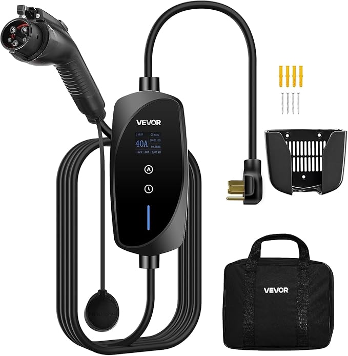 VEVOR Level 2 EV Charger, 40 Amp Adjustable Current, 240V Electric Vehicle Portable Charger with 25 ft Charging Cable, LCD Display, NEMA 14-50P Plug, Plug-in Home Car Charging Station for SAE J1772 EV