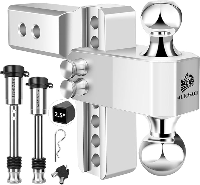 METOWARE Adjustable Trailer Hitch - Aluminum Drop Hitch Fits 2.5-Inch Receiver - Heavy Duty Tow Hitch with 6-Inch Drop/Rise for Truck (18,000 LBS GTW), Double Stainless Steel Locks & Hitch Pin