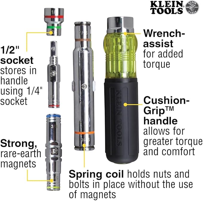 Klein Tools 32807MAG 7-in-1 Nut Driver, Magnetic Driver has SAE Hex Nut Sizes 1/4 to 9/16-Inch, Cushion Grip Handle for Added Torque