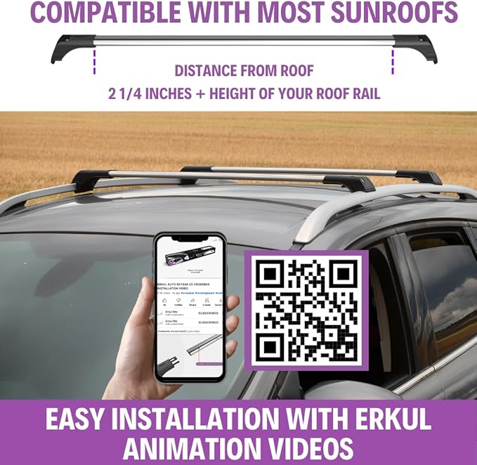 ERKUL Roof Rack Cross Bars for VW Volkswagen Taos 2022-2026 | Aluminum Crossbars with Anti-Theft Lock for Rooftop | Compatible with Raised Rails - Silver