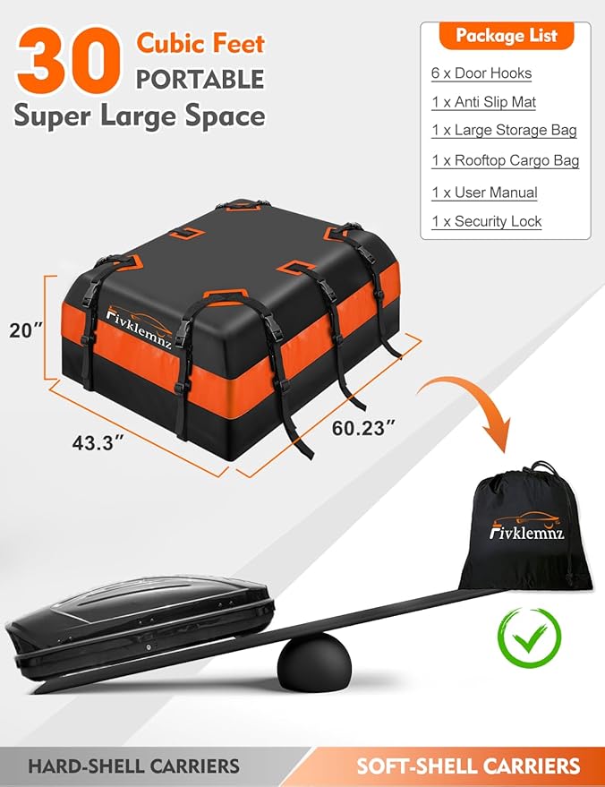 FIVKLEMNZ 30 Cubic Car Rooftop Cargo Carrier Roof Bag Waterproof for All Top of Vehicle with/Without Rack Includes Topper Anti-Slip Mat + Reinforced Straps + 6 Door Hooks + Luggage Lock