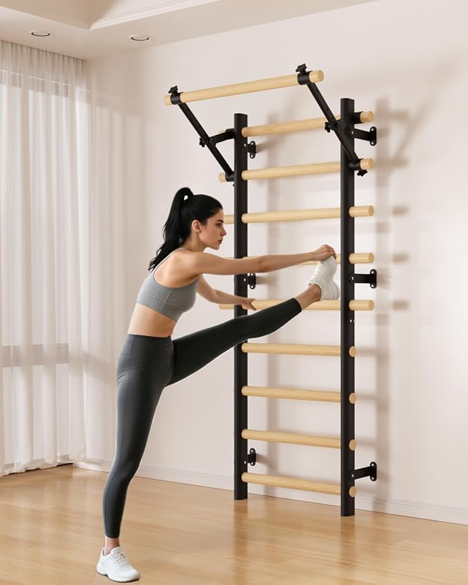 Swedish Ladder Wall Gym, Wooden Wall-Mounted Stall Bars with Pull-up Bar & Exercise Straps & Dip Bars, Stretching Ladder Full Body Home Gym for Adults